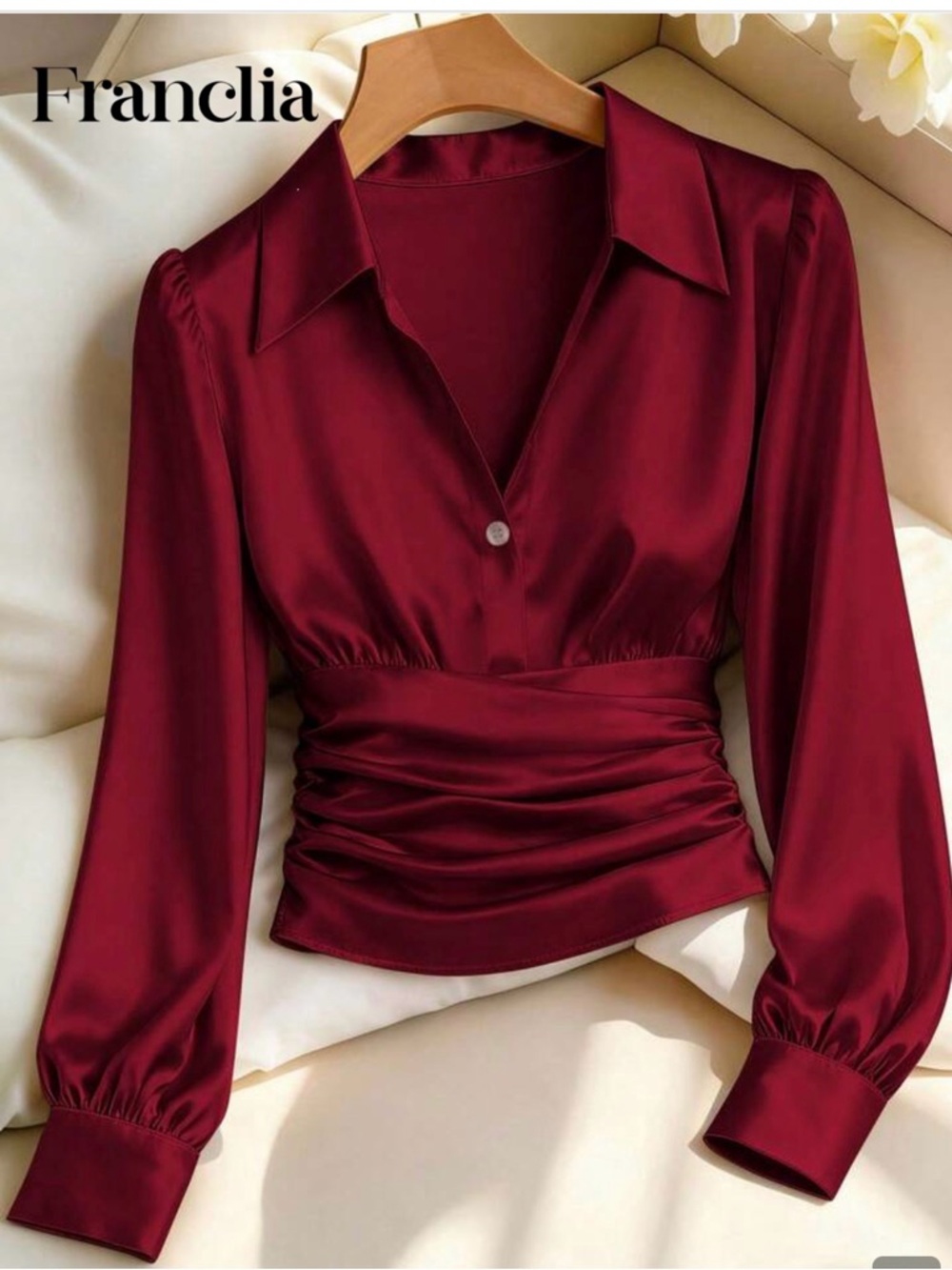 Red Long-Sleeve Collared Blouse with Fitted Waist